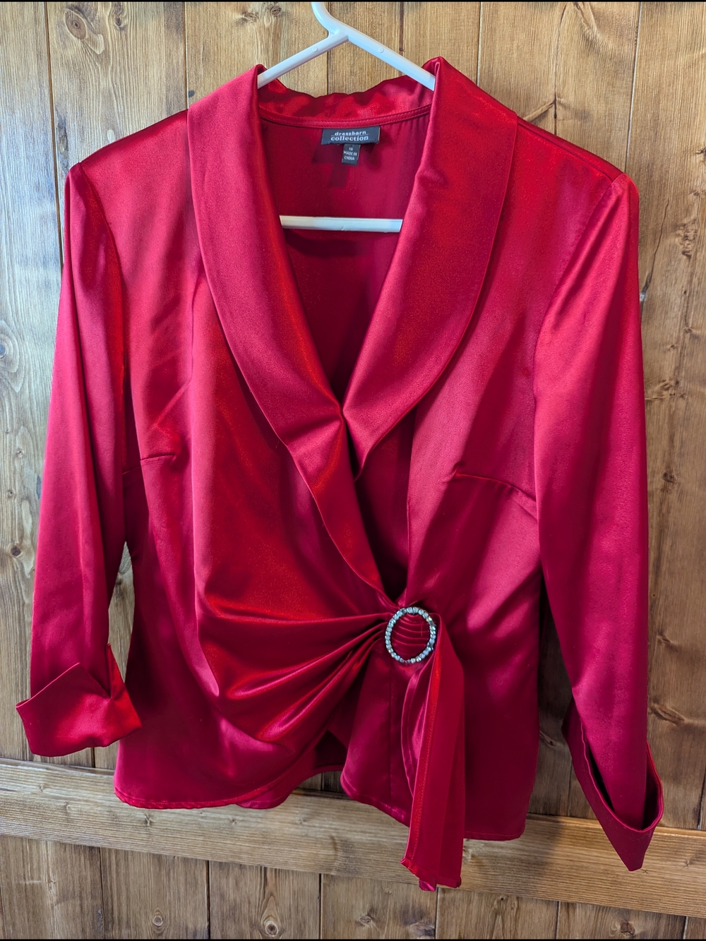Dressbarn Collection Red Satin Draped Blouse Jacket with Decorative Ring